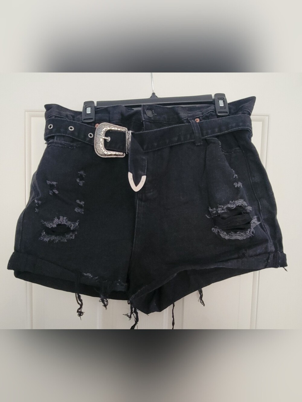Fashion Nova Black Distressed High-Waist Denim Shorts with Belt